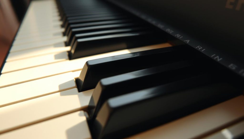 A close-up view of a piano keyboard, showcasing the intricate mechanism and textured surface of the keys. The lighting is soft and diffused, casting gentle shadows that accentuate the depth and contours of the keys. The camera angle is slightly elevated, providing a detailed perspective of the key action and the overall craftsmanship of the keyboard. The scene exudes a sense of precision and artistry, reflecting the importance of the keyboard's touch and feel in the performance of a digital piano. A close-up view of a piano keyboard, showcasing the intricate mechanism and textured surface of the keys. The lighting is soft and diffused, casting gentle shadows that accentuate the depth and contours of the keys. The camera angle is slightly elevated, providing a detailed perspective of the key action and the overall craftsmanship of the keyboard. The scene exudes a sense of precision and artistry, reflecting the importance of the keyboard's touch and feel in the performance of a digital piano.