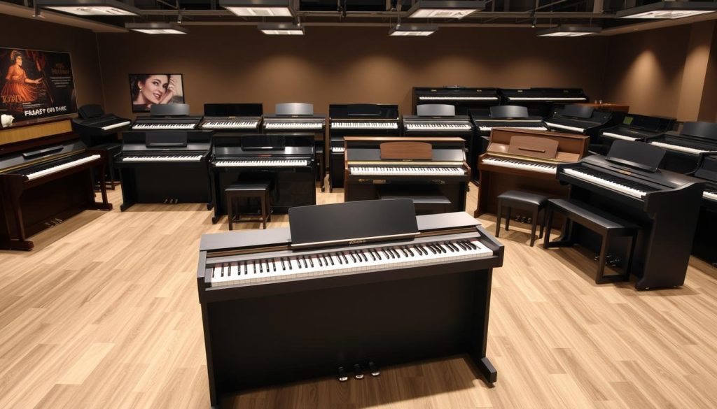 A contemporary showroom displaying an array of digital pianos, their sleek profiles and elegant finishes gleaming under warm, diffused lighting. In the foreground, a Yamaha P-145 with its understated charm and integrated Bluetooth connectivity. Nearby, the YDP-145's traditional cabinet design and the CLP-825's minimalist elegance. In the middle ground, Roland's FP-10, FP-30X, and FP-90X models, their weighted keys and expressive tones beckoning. In the background, Casio's CDP-S110, PX-S1100, PX-770, and AP-470 models, showcasing their versatility and affordability. The scene exudes a sense of refined sophistication, inviting the viewer to explore these high-quality, yet accessible digital piano options. A contemporary showroom displaying an array of digital pianos, their sleek profiles and elegant finishes gleaming under warm, diffused lighting. In the foreground, a Yamaha P-145 with its understated charm and integrated Bluetooth connectivity. Nearby, the YDP-145's traditional cabinet design and the CLP-825's minimalist elegance. In the middle ground, Roland's FP-10, FP-30X, and FP-90X models, their weighted keys and expressive tones beckoning. In the background, Casio's CDP-S110, PX-S1100, PX-770, and AP-470 models, showcasing their versatility and affordability. The scene exudes a sense of refined sophistication, inviting the viewer to explore these high-quality, yet accessible digital piano options.
