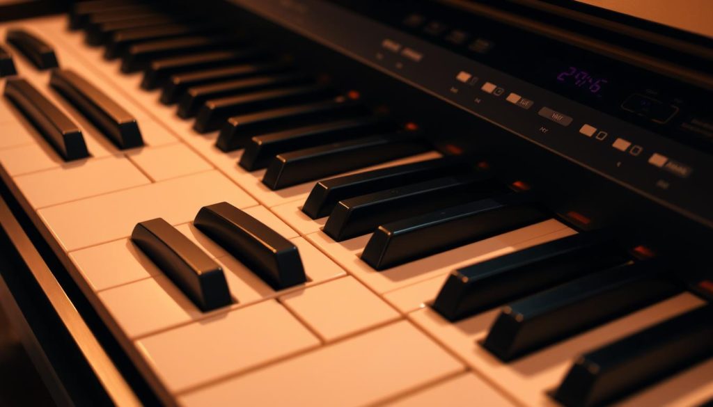 A finely crafted digital piano keyboard, meticulously detailed with sleek black and silver keys. The instrument's polyphonic capabilities are showcased, allowing for the nuanced and expressive performance of complex musical passages. The keyboard's ergonomic design provides a natural, piano-like feel, enabling seamless, comfortable interaction for the pianist. Warm, directional lighting illuminates the scene, casting subtle shadows that accentuate the keyboard's tactile qualities. The composition places the keyboard centrally, allowing it to be the focal point, while a softly blurred background suggests a contemplative, musical environment. An image that captures the essence of a high-quality digital piano, ready to be featured in an article exploring the nuances of its design and performance. A finely crafted digital piano keyboard, meticulously detailed with sleek black and silver keys. The instrument's polyphonic capabilities are showcased, allowing for the nuanced and expressive performance of complex musical passages. The keyboard's ergonomic design provides a natural, piano-like feel, enabling seamless, comfortable interaction for the pianist. Warm, directional lighting illuminates the scene, casting subtle shadows that accentuate the keyboard's tactile qualities. The composition places the keyboard centrally, allowing it to be the focal point, while a softly blurred background suggests a contemplative, musical environment. An image that captures the essence of a high-quality digital piano, ready to be featured in an article exploring the nuances of its design and performance.