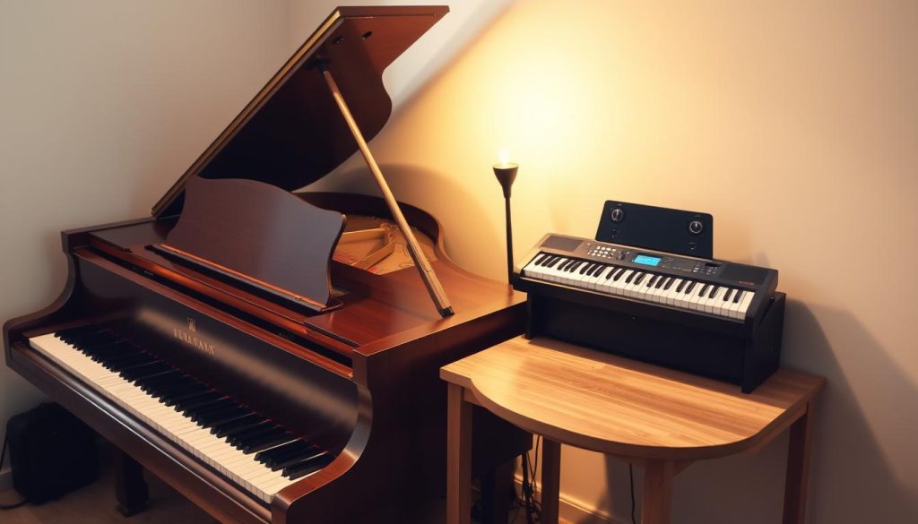 A grand piano and a digital piano stand side by side in a cozy apartment setting. The grand piano, with its sleek wooden body and gleaming ivory keys, exudes a timeless elegance. The digital piano, compact and modern, sits atop a minimalist wooden table, its LED display and array of controls hinting at its advanced capabilities. Soft, indirect lighting casts a warm, intimate glow, highlighting the textural differences between the instruments. The apartment's neutral color palette and minimal decor create a serene, harmonious atmosphere, inviting the viewer to contemplate the distinct characteristics and suitability of each piano for a compact living space.