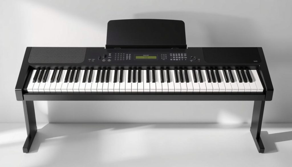 A heavy-duty, 88-key digital piano keyboard stands prominently in the foreground, its sturdy construction and black matte finish conveying a sense of quality and durability. The keys have a substantial, weighty feel, suggesting a responsive and expressive playing experience. The keyboard is set against a simple, minimalist background, allowing the instrument to be the central focus. Soft, directional lighting illuminates the keyboard, creating subtle shadows and highlights that accentuate its form and texture. The overall scene exudes a professional, high-end aesthetic, perfectly suiting the "Piano numérique pas cher : comment éviter les pièges" article and the "Le clavier avant tout: 88 touches, toucher lourd, sensibilité" section. A heavy-duty, 88-key digital piano keyboard stands prominently in the foreground, its sturdy construction and black matte finish conveying a sense of quality and durability. The keys have a substantial, weighty feel, suggesting a responsive and expressive playing experience. The keyboard is set against a simple, minimalist background, allowing the instrument to be the central focus. Soft, directional lighting illuminates the keyboard, creating subtle shadows and highlights that accentuate its form and texture. The overall scene exudes a professional, high-end aesthetic, perfectly suiting the "Piano numérique pas cher : comment éviter les pièges" article and the "Le clavier avant tout: 88 touches, toucher lourd, sensibilité" section.
