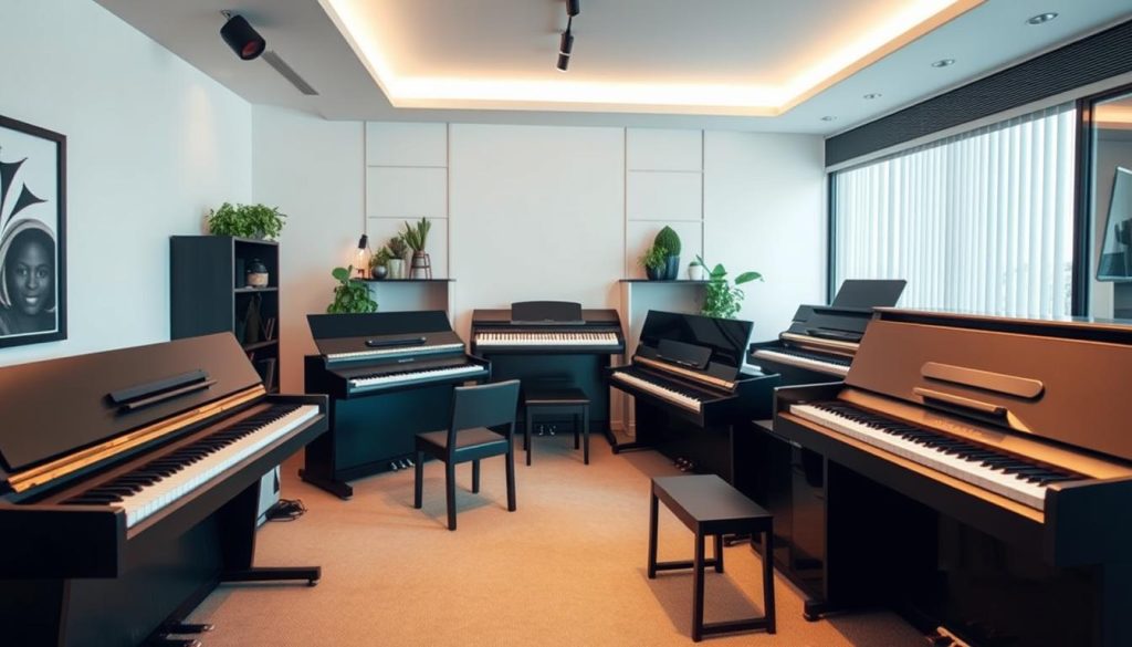 A high-end digital piano display in a modern home studio setting. The piano models are arranged in a visually appealing layout, showcasing their sleek designs and stylish finishes. Soft, diffused lighting illuminates the scene, creating a warm and inviting atmosphere. The background features a minimalist, clutter-free space with clean lines and neutral tones, allowing the pianos to take center stage. The camera angle is slightly elevated, providing a comprehensive view of the models and highlighting their distinctive features. The overall composition conveys a sense of sophistication and attention to detail, perfectly suited to illustrate the "Budget, modèles et marques à considérer selon la gamme" section of the article. A high-end digital piano display in a modern home studio setting. The piano models are arranged in a visually appealing layout, showcasing their sleek designs and stylish finishes. Soft, diffused lighting illuminates the scene, creating a warm and inviting atmosphere. The background features a minimalist, clutter-free space with clean lines and neutral tones, allowing the pianos to take center stage. The camera angle is slightly elevated, providing a comprehensive view of the models and highlighting their distinctive features. The overall composition conveys a sense of sophistication and attention to detail, perfectly suited to illustrate the "Budget, modèles et marques à considérer selon la gamme" section of the article.
