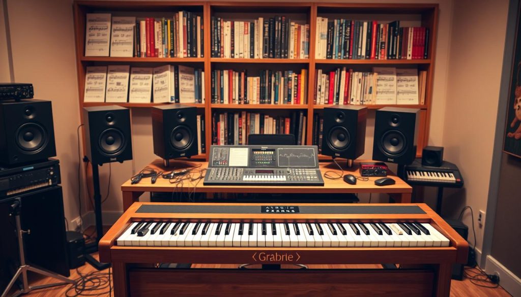 A high-quality, elegantly arranged studio setup featuring an array of audio equipment and musical instruments. In the foreground, a sleek digital piano with a wooden finish sits atop a sturdy, minimalist desk, its keys beckoning to be played. Surrounding the piano, a variety of cables, adapters, and connectors neatly organized, allowing for seamless connectivity. In the middle ground, a professional-grade audio interface and a pair of studio-quality monitors provide a crisp, immersive listening experience. Behind them, a well-stocked bookshelf showcases an extensive library of sheet music, sound samples, and music production software, hinting at the vast creative possibilities. The scene is illuminated by soft, warm lighting, creating a cozy, inviting atmosphere conducive to musical exploration and inspiration. A high-quality, elegantly arranged studio setup featuring an array of audio equipment and musical instruments. In the foreground, a sleek digital piano with a wooden finish sits atop a sturdy, minimalist desk, its keys beckoning to be played. Surrounding the piano, a variety of cables, adapters, and connectors neatly organized, allowing for seamless connectivity. In the middle ground, a professional-grade audio interface and a pair of studio-quality monitors provide a crisp, immersive listening experience. Behind them, a well-stocked bookshelf showcases an extensive library of sheet music, sound samples, and music production software, hinting at the vast creative possibilities. The scene is illuminated by soft, warm lighting, creating a cozy, inviting atmosphere conducive to musical exploration and inspiration.