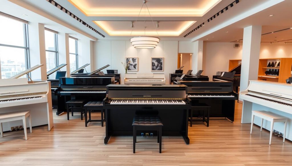 A modern, sleek showroom interior featuring an array of high-quality digital pianos from renowned brands. The foreground showcases several models, each with a minimalist design and glossy finishes in neutral tones. Overhead, a warm, diffused lighting creates a inviting ambiance. In the middle ground, the pianos are displayed on polished wooden floors, accentuated by subtle reflections. The background features clean, white walls and modern furniture, creating a stylish, high-end atmosphere suitable for an upscale apartment setting. The composition conveys a sense of quality, sophistication and practicality, reflecting the reliable, space-saving nature of the digital piano options.