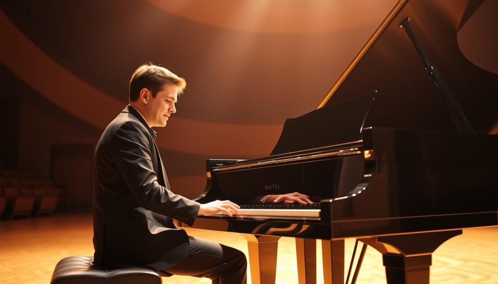 A professional musician sits at a grand piano, his fingers gliding across the keys with graceful precision. The stage is bathed in warm, theatrical lighting, casting dramatic shadows across his focused expression. Behind him, a sweeping backdrop of rich, deep colors evokes the timeless elegance of the classical music tradition. The pianist's attire is formal, reflecting the seriousness of his craft, while the piano's sleek, modern design hints at the technological advancements that have shaped the evolution of musical instruments. This scene captures the essence of the "cas d'usage musicien" - the pianist as the embodiment of musical artistry, seamlessly blending traditional virtuosity with the cutting-edge capabilities of contemporary musical tools.