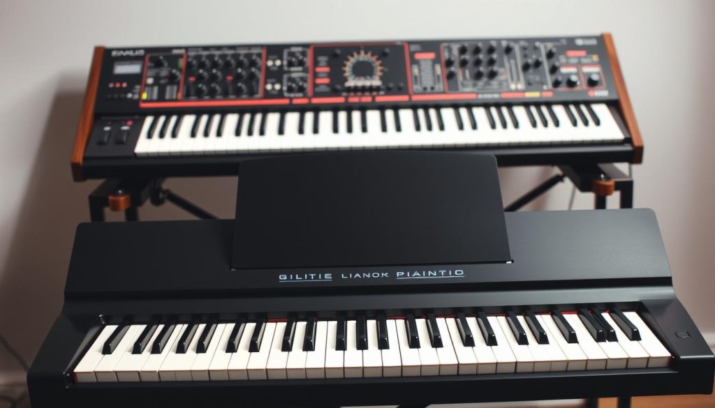 A sleek, modern digital piano keyboard standing prominently in the foreground, its glossy black finish gleaming under soft, directional lighting. The keys are crisp and well-defined, inviting the user to sit and play. In the middle ground, the piano is framed by a professional-grade synthesizer, its array of knobs, sliders, and buttons hinting at the vast sonic potential it holds. The background is a subtly blurred, neutral setting, allowing the instruments to be the focal point. The scene conveys a sense of precision, power, and the fusion of traditional and cutting-edge musical technology.