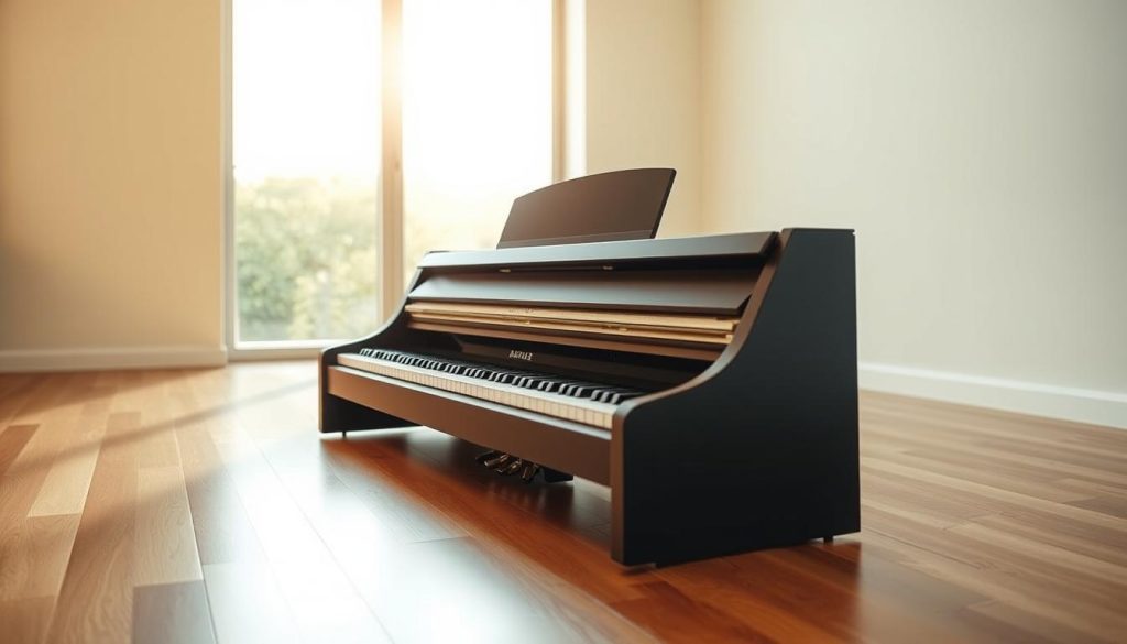 A sleek, modern digital piano resting on a polished wooden floor, surrounded by clean lines and minimalist decor. Warm, indirect lighting casts a soft glow, highlighting the piano's durable, scratch-resistant surface and sturdy, well-engineered construction. The piano's keyboard has a responsive, weighted feel, inviting the viewer to imagine playing effortlessly for hours on end. In the background, a large window allows natural daylight to filter in, creating a serene, harmonious atmosphere. The overall scene conveys a sense of durability, quality, and low-maintenance upkeep - key factors for a digital piano in a compact living space.