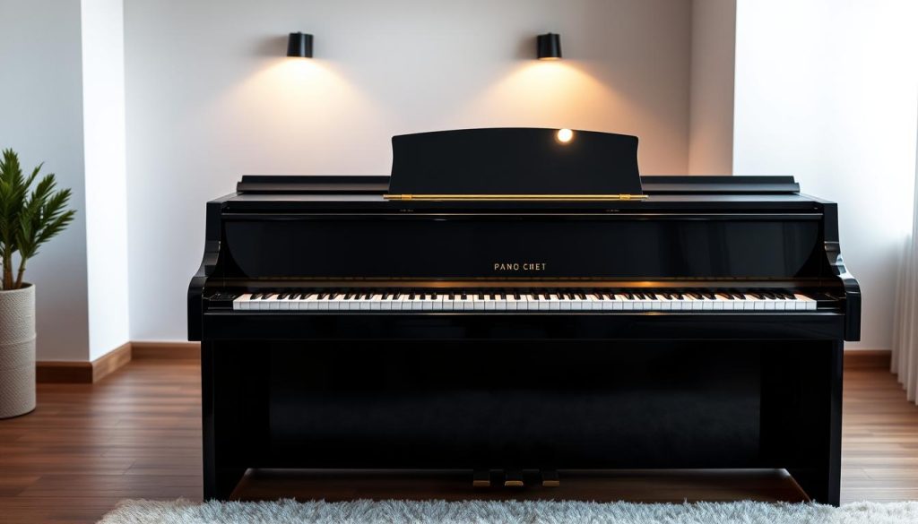 A sleek, modern digital piano sits on a wooden stage, its glossy black surface reflecting the warm stage lights above. The piano is surrounded by a minimalist, high-end home decor setting, with neutral-toned walls and a plush rug underfoot. The lighting is soft and flattering, creating a cozy and inviting atmosphere. The piano's keys are visible, hinting at the rich, resonant sound it is capable of producing. The overall composition conveys a sense of quality, sophistication, and the perfect balance between form and function, capturing the essence of a premium digital piano for the home. A sleek, modern digital piano sits on a wooden stage, its glossy black surface reflecting the warm stage lights above. The piano is surrounded by a minimalist, high-end home decor setting, with neutral-toned walls and a plush rug underfoot. The lighting is soft and flattering, creating a cozy and inviting atmosphere. The piano's keys are visible, hinting at the rich, resonant sound it is capable of producing. The overall composition conveys a sense of quality, sophistication, and the perfect balance between form and function, capturing the essence of a premium digital piano for the home.