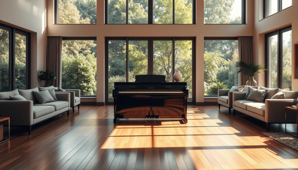 A spacious, sun-filled salon with a sleek, portable piano positioned prominently in the center. The piano's glossy black finish gleams under warm, directional lighting, casting subtle shadows across the polished hardwood floor. Surrounding the piano are plush, modern furniture pieces in muted tones, creating a harmonious, minimalist aesthetic. Large windows offer a tranquil view of a lush, verdant garden outside, blending the indoor and outdoor spaces. The overall atmosphere is one of refined sophistication and seamless integration, inviting the viewer to imagine the piano as a versatile, space-saving centerpiece for a stylish, contemporary apartment.