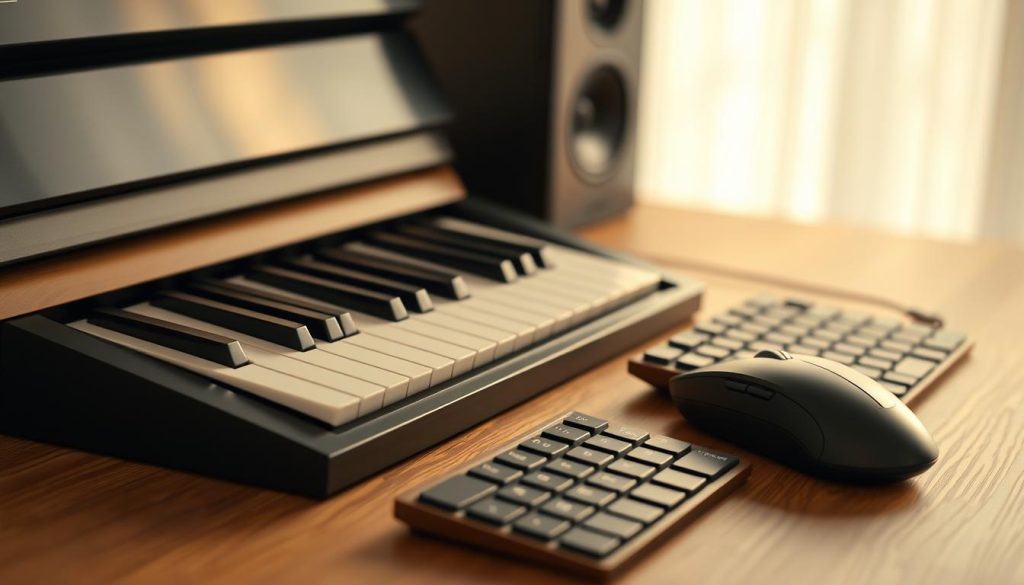 A tasteful, elegant image of a piano keyboard and a set of computer peripherals, such as a mouse and a high-quality keyboard, arranged on a minimalist wooden desk. The lighting should be soft and natural, with warm undertones, creating a serene and inviting atmosphere. The focus should be on the keyboard and input devices, capturing their sleek design and premium materials. The background should be clean and uncluttered, with subtle textures or patterns to add visual interest without distracting from the main elements. The overall composition should convey a sense of thoughtful curation and functionality, reflecting the "essential criteria" mentioned in the section title.