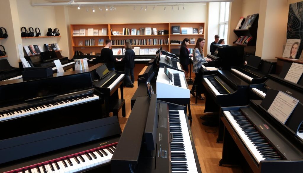 An indoor showroom displaying a variety of digital pianos, with customers browsing and testing the instruments. The space has warm, natural lighting and a clean, minimalist aesthetic. The pianos are prominently featured, showcasing different models, colors, and sizes. The background features shelves or displays with accessories like headphones, music books, and other piano-related items. The overall atmosphere conveys a sense of high-quality, accessible music equipment available for purchase in France. An indoor showroom displaying a variety of digital pianos, with customers browsing and testing the instruments. The space has warm, natural lighting and a clean, minimalist aesthetic. The pianos are prominently featured, showcasing different models, colors, and sizes. The background features shelves or displays with accessories like headphones, music books, and other piano-related items. The overall atmosphere conveys a sense of high-quality, accessible music equipment available for purchase in France.