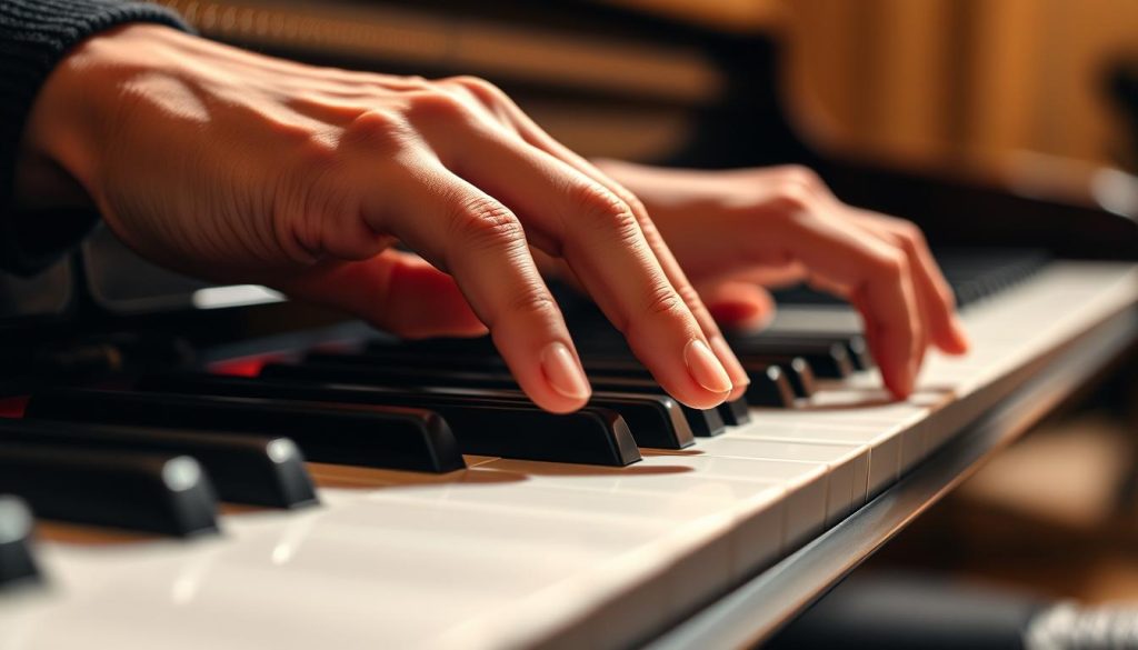 A close-up view of a pianist's hands delicately playing a digital piano, capturing the nuanced and expressive "toucher" or touch. The fingers glide gracefully across the keys, creating a seamless and responsive connection between the performer and the instrument. The lighting is soft and directional, highlighting the subtle movements and the tactile quality of the touch. The background is blurred, allowing the focus to remain on the hands and the piano keys, emphasizing the intimate and personal nature of the interaction. The overall mood is one of concentration, artistry, and the exploration of the piano's capabilities through the skilled and sensitive touch of the performer. A close-up view of a pianist's hands delicately playing a digital piano, capturing the nuanced and expressive "toucher" or touch. The fingers glide gracefully across the keys, creating a seamless and responsive connection between the performer and the instrument. The lighting is soft and directional, highlighting the subtle movements and the tactile quality of the touch. The background is blurred, allowing the focus to remain on the hands and the piano keys, emphasizing the intimate and personal nature of the interaction. The overall mood is one of concentration, artistry, and the exploration of the piano's capabilities through the skilled and sensitive touch of the performer.