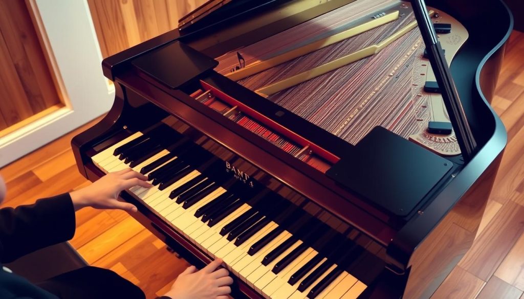 A grand piano on a wooden stage, its keys illuminated by warm, soft lighting. The player's hands dance across the keys, producing a cascade of polyphonic notes that flow together in a harmonious symphony. The piano's interior is visible, showcasing the intricate mechanisms that enable the instrument's rich, multilayered sound. The scene is captured from a slightly elevated angle, emphasizing the piano's stately presence and the player's fluid movements. The background is subtly blurred, keeping the focus on the piano and the performance unfolding before the viewer. A grand piano on a wooden stage, its keys illuminated by warm, soft lighting. The player's hands dance across the keys, producing a cascade of polyphonic notes that flow together in a harmonious symphony. The piano's interior is visible, showcasing the intricate mechanisms that enable the instrument's rich, multilayered sound. The scene is captured from a slightly elevated angle, emphasizing the piano's stately presence and the player's fluid movements. The background is subtly blurred, keeping the focus on the piano and the performance unfolding before the viewer.