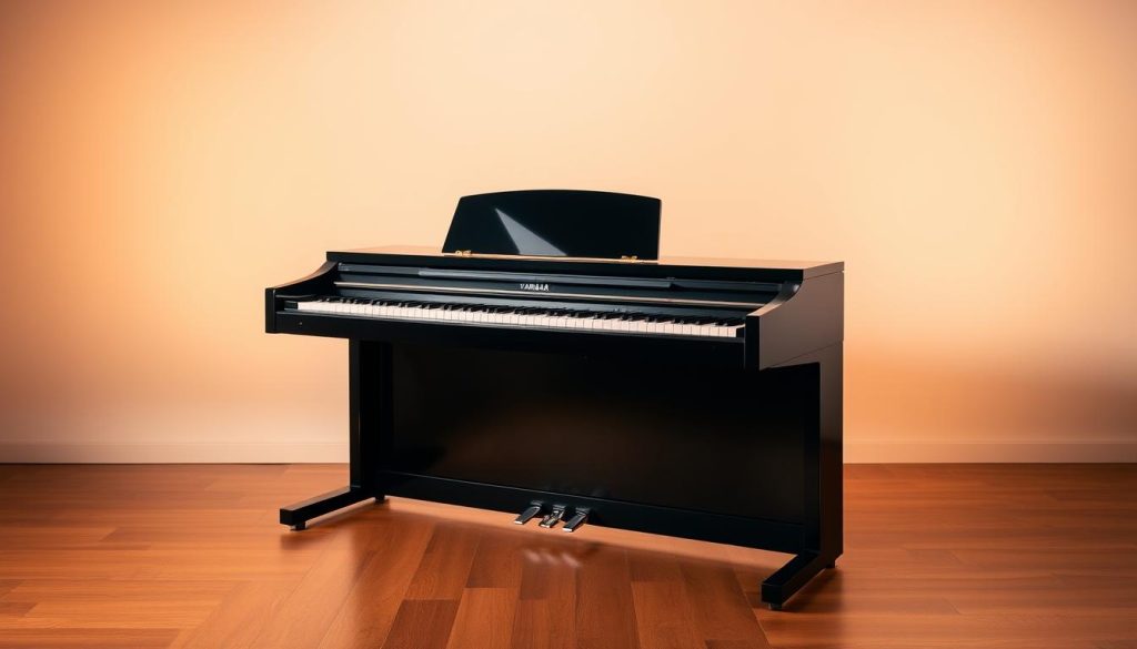 A professional-grade Clavinova digital piano from Yamaha's série CLP, captured in a well-lit studio setting. The instrument is presented in a sleek, modern design with a polished black finish, showcasing its elegant and minimalist aesthetic. The piano is positioned on a hardwood floor, surrounded by a neutral-toned backdrop, allowing the Clavinova to be the focal point. The scene is illuminated by soft, diffused lighting that creates warm, even shadows, highlighting the instrument's fine details and craftsmanship. The camera angle is slightly elevated, providing a three-quarter view that emphasizes the piano's depth and proportions. The overall atmosphere conveys a sense of sophistication and attention to detail, reflecting the high-quality and premium nature of the Yamaha Clavinova series. A professional-grade Clavinova digital piano from Yamaha's série CLP, captured in a well-lit studio setting. The instrument is presented in a sleek, modern design with a polished black finish, showcasing its elegant and minimalist aesthetic. The piano is positioned on a hardwood floor, surrounded by a neutral-toned backdrop, allowing the Clavinova to be the focal point. The scene is illuminated by soft, diffused lighting that creates warm, even shadows, highlighting the instrument's fine details and craftsmanship. The camera angle is slightly elevated, providing a three-quarter view that emphasizes the piano's depth and proportions. The overall atmosphere conveys a sense of sophistication and attention to detail, reflecting the high-quality and premium nature of the Yamaha Clavinova series.