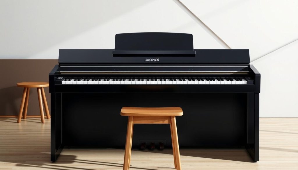 A sleek, black digital piano stands prominently in the foreground, its clean lines and glossy finish catching the soft, directional lighting. The piano's name, "série CLP-800," is boldly emblazoned on the front panel, immediately drawing the viewer's attention. The mid-ground features a modern, minimalist setting, with a simple wooden stool and a sparse, geometric background, allowing the piano to take center stage. The overall mood is one of sophistication and technical precision, befitting the section title "Zoom technique sur la nouvelle série CLP-800." The image is captured from a slightly elevated angle, providing a sense of authority and emphasizing the piano's impressive presence. A sleek, black digital piano stands prominently in the foreground, its clean lines and glossy finish catching the soft, directional lighting. The piano's name, "série CLP-800," is boldly emblazoned on the front panel, immediately drawing the viewer's attention. The mid-ground features a modern, minimalist setting, with a simple wooden stool and a sparse, geometric background, allowing the piano to take center stage. The overall mood is one of sophistication and technical precision, befitting the section title "Zoom technique sur la nouvelle série CLP-800." The image is captured from a slightly elevated angle, providing a sense of authority and emphasizing the piano's impressive presence.