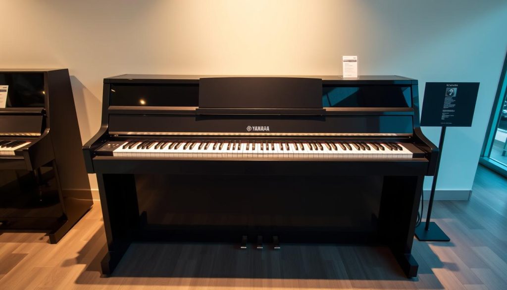 A sleek, modern digital piano by Yamaha sits in a well-lit, minimalist showroom. The piano's glossy black finish reflects the warm, diffused lighting from above, while the streamlined design and clean lines evoke a sense of sophistication. The instrument is prominently displayed on a wooden platform, inviting potential customers to approach and test its responsive keys and rich tonal quality. Surrounding the piano are discreet price tags and informational placards, providing shoppers with a clear understanding of the value proposition. The overall atmosphere conveys a harmonious blend of high-end technology and timeless musical craftsmanship. A sleek, modern digital piano by Yamaha sits in a well-lit, minimalist showroom. The piano's glossy black finish reflects the warm, diffused lighting from above, while the streamlined design and clean lines evoke a sense of sophistication. The instrument is prominently displayed on a wooden platform, inviting potential customers to approach and test its responsive keys and rich tonal quality. Surrounding the piano are discreet price tags and informational placards, providing shoppers with a clear understanding of the value proposition. The overall atmosphere conveys a harmonious blend of high-end technology and timeless musical craftsmanship.