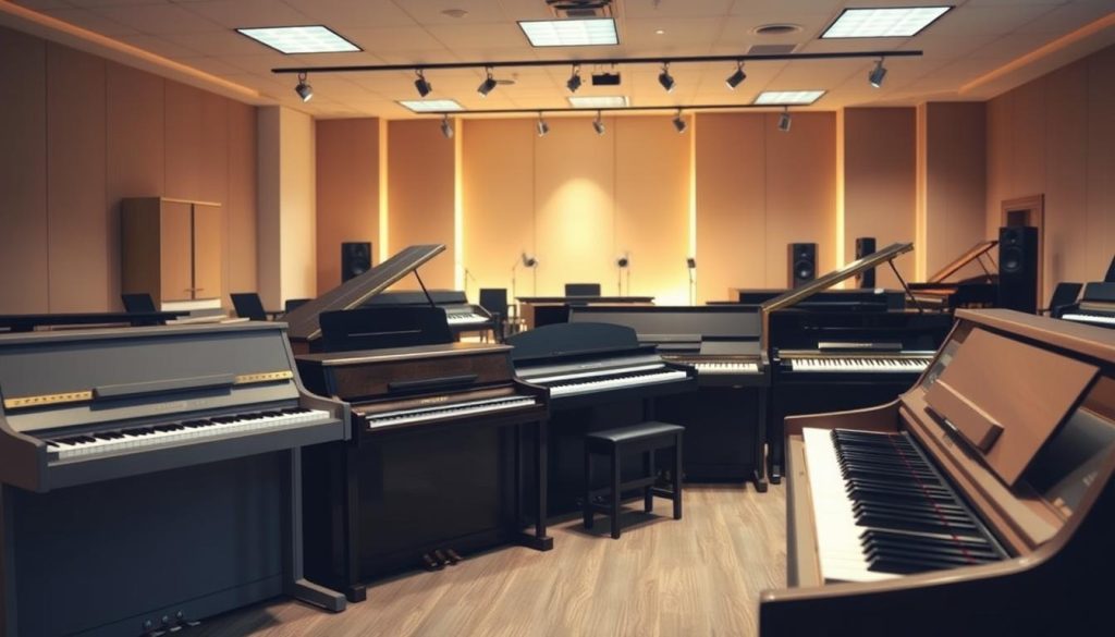 A well-lit piano showroom displaying an array of digital piano models, each showcasing their polyphonic capabilities. The foreground features several mid-range digital pianos with clean, minimalist designs in muted colors. The middle ground showcases higher-end models with sleek, modern aesthetics and advanced features. The background subtly fades into a softly-lit, professional recording studio setting, hinting at the versatility of these polyphonic digital pianos. The overall atmosphere is one of sophistication, technical precision, and the promise of a seamless, expressive playing experience. A well-lit piano showroom displaying an array of digital piano models, each showcasing their polyphonic capabilities. The foreground features several mid-range digital pianos with clean, minimalist designs in muted colors. The middle ground showcases higher-end models with sleek, modern aesthetics and advanced features. The background subtly fades into a softly-lit, professional recording studio setting, hinting at the versatility of these polyphonic digital pianos. The overall atmosphere is one of sophistication, technical precision, and the promise of a seamless, expressive playing experience.