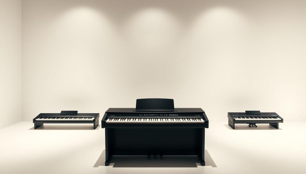 An elegant, well-lit digital piano keyboard display showcasing a range of Yamaha Clavinova models, arranged from beginner to advanced levels. A clean, minimalist background emphasizes the instruments, allowing their sleek designs and varying control panels to shine. Soft, directional lighting creates depth and highlights the textured surfaces, creating an inviting, professional atmosphere. The models are positioned to suggest a progression, guiding the viewer through the different levels of suitability for various playing experiences and skill sets. An air of sophistication and product expertise pervades the scene, making it suitable for an informative article on Yamaha's Clavinova lineup. An elegant, well-lit digital piano keyboard display showcasing a range of Yamaha Clavinova models, arranged from beginner to advanced levels. A clean, minimalist background emphasizes the instruments, allowing their sleek designs and varying control panels to shine. Soft, directional lighting creates depth and highlights the textured surfaces, creating an inviting, professional atmosphere. The models are positioned to suggest a progression, guiding the viewer through the different levels of suitability for various playing experiences and skill sets. An air of sophistication and product expertise pervades the scene, making it suitable for an informative article on Yamaha's Clavinova lineup.