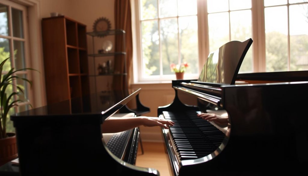 Polyphonic piano in a warm, inviting studio setting. A grand piano takes center stage, its ebony finish gleaming under soft, directional lighting. The player's hands move gracefully across the ivory keys, coaxing out rich, layered harmonies that fill the air. In the background, a large window offers a view of a serene, sun-dappled garden, hinting at the tranquility and focus required for this intricate art form. The overall mood is one of concentration, creativity, and the joy of musical expression. Polyphonic piano in a warm, inviting studio setting. A grand piano takes center stage, its ebony finish gleaming under soft, directional lighting. The player's hands move gracefully across the ivory keys, coaxing out rich, layered harmonies that fill the air. In the background, a large window offers a view of a serene, sun-dappled garden, hinting at the tranquility and focus required for this intricate art form. The overall mood is one of concentration, creativity, and the joy of musical expression.