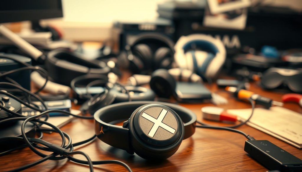 A cluttered desk with various bluetooth headphones, tangled cords, and an assortment of accessories. The foreground showcases a pair of wireless headphones with a 'X' symbol, highlighting common mistakes to avoid when purchasing bluetooth headphones. The middle ground features other headphone models, some with price tags, suggesting the need for research and comparison. The background has a blurred, out-of-focus office setting, creating a sense of distraction and confusion. Warm, natural lighting casts a subtle glow, emphasizing the disorganized nature of the scene. The overall mood conveys the importance of careful consideration when selecting the right bluetooth headphones for one's needs. A cluttered desk with various bluetooth headphones, tangled cords, and an assortment of accessories. The foreground showcases a pair of wireless headphones with a 'X' symbol, highlighting common mistakes to avoid when purchasing bluetooth headphones. The middle ground features other headphone models, some with price tags, suggesting the need for research and comparison. The background has a blurred, out-of-focus office setting, creating a sense of distraction and confusion. Warm, natural lighting casts a subtle glow, emphasizing the disorganized nature of the scene. The overall mood conveys the importance of careful consideration when selecting the right bluetooth headphones for one's needs.