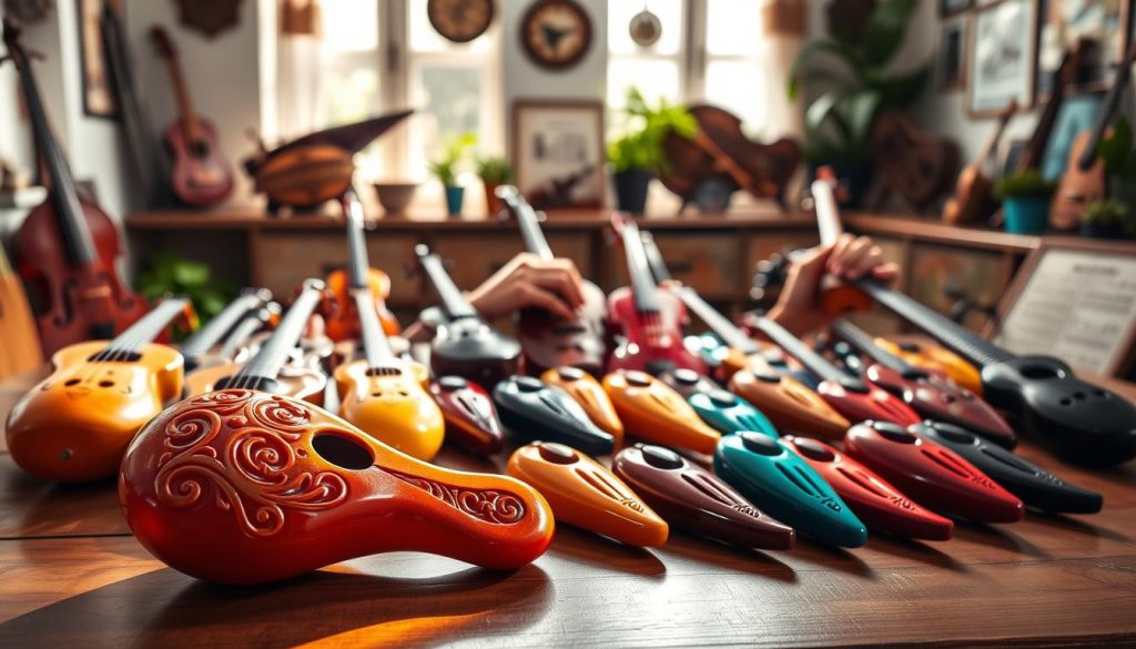 A collection of various ocarina models displayed prominently on a wooden table, showcasing their unique shapes and vibrant colors. In the foreground, focus on a beautifully crafted ocarina with intricate carvings and a glossy finish, partially illuminated by soft sunlight filtering through a nearby window, creating gentle reflections. The middle ground features additional ocarinas arranged in an artistic layout, with musicians' hands demonstrating techniques on some of them. In the background, a serene room filled with music-themed decor, such as sheet music, vintage instruments, and potted plants, enhances the atmosphere. The mood is inviting and creative, highlighting the charm and accessibility of the ocarina for musicians of all skill levels.