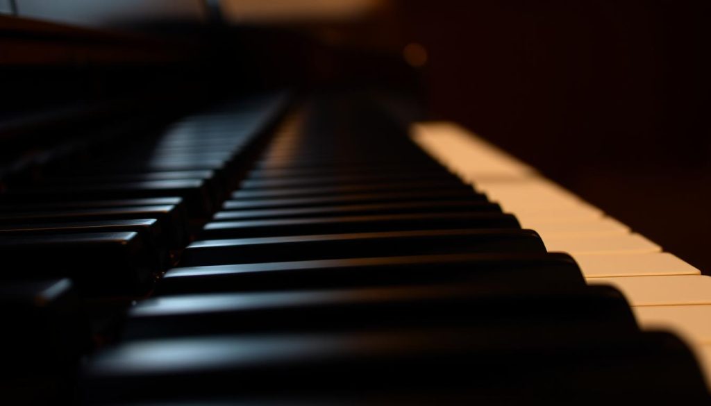 A detailed close-up view of a piano keyboard, capturing the intricate texture and sensation of the piano keys. The keys are rendered in a soft, warm lighting, emphasizing the tactile feel and responsiveness of the piano touch. The perspective is from the player's point of view, focusing on the fingertips gently caressing the smooth, ebony and ivory surfaces. The background is subtly blurred, creating a sense of immersion and attention to the sensory experience of playing the piano. The overall mood is one of focus, concentration, and the joy of musical expression. A detailed close-up view of a piano keyboard, capturing the intricate texture and sensation of the piano keys. The keys are rendered in a soft, warm lighting, emphasizing the tactile feel and responsiveness of the piano touch. The perspective is from the player's point of view, focusing on the fingertips gently caressing the smooth, ebony and ivory surfaces. The background is subtly blurred, creating a sense of immersion and attention to the sensory experience of playing the piano. The overall mood is one of focus, concentration, and the joy of musical expression.
