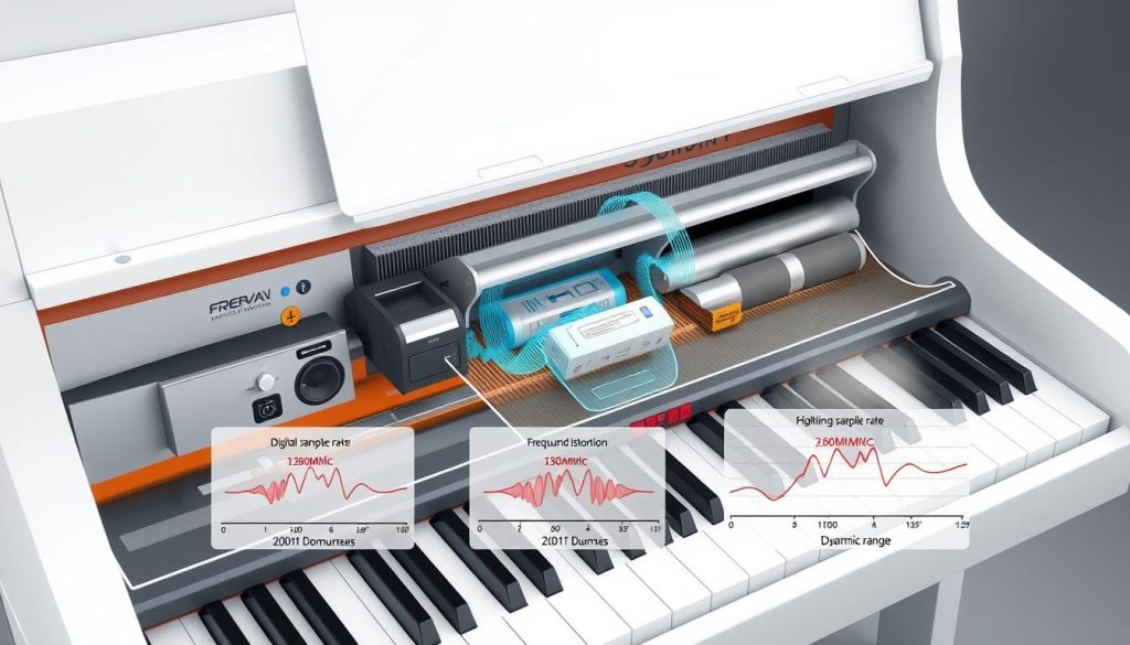 A detailed, high-quality illustration of the internal components and sound quality parameters of a digital piano. The image should feature a cross-section view showcasing the piano's inner workings, with a focus on the sound production mechanism, speaker system, and frequency response curve. Render the scene with a clean, technical aesthetic using a light, neutral color palette. Include precise, labeled diagrams highlighting key elements like the digital sampling rate, harmonic distortion, and dynamic range. Capture the scene with a crisp, high-resolution camera angle that emphasizes the precision and sophistication of the digital piano's audio engineering. A detailed, high-quality illustration of the internal components and sound quality parameters of a digital piano. The image should feature a cross-section view showcasing the piano's inner workings, with a focus on the sound production mechanism, speaker system, and frequency response curve. Render the scene with a clean, technical aesthetic using a light, neutral color palette. Include precise, labeled diagrams highlighting key elements like the digital sampling rate, harmonic distortion, and dynamic range. Capture the scene with a crisp, high-resolution camera angle that emphasizes the precision and sophistication of the digital piano's audio engineering.