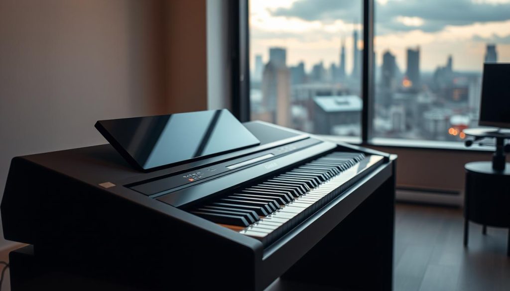 A digital piano rests on a sleek, modern desk, its keys gleaming under the warm, diffused lighting. The piano's polished black surface reflects the room's minimalist decor - a large window overlooking a city skyline, with a cityscape in the distance. The piano's keys are illuminated, creating an inviting, elegant atmosphere, perfect for a home music studio or office. The image conveys a sense of quality, functionality, and value, capturing the essence of a versatile, budget-friendly digital piano that could serve as the centerpiece of a home composition setup. A digital piano rests on a sleek, modern desk, its keys gleaming under the warm, diffused lighting. The piano's polished black surface reflects the room's minimalist decor - a large window overlooking a city skyline, with a cityscape in the distance. The piano's keys are illuminated, creating an inviting, elegant atmosphere, perfect for a home music studio or office. The image conveys a sense of quality, functionality, and value, capturing the essence of a versatile, budget-friendly digital piano that could serve as the centerpiece of a home composition setup.