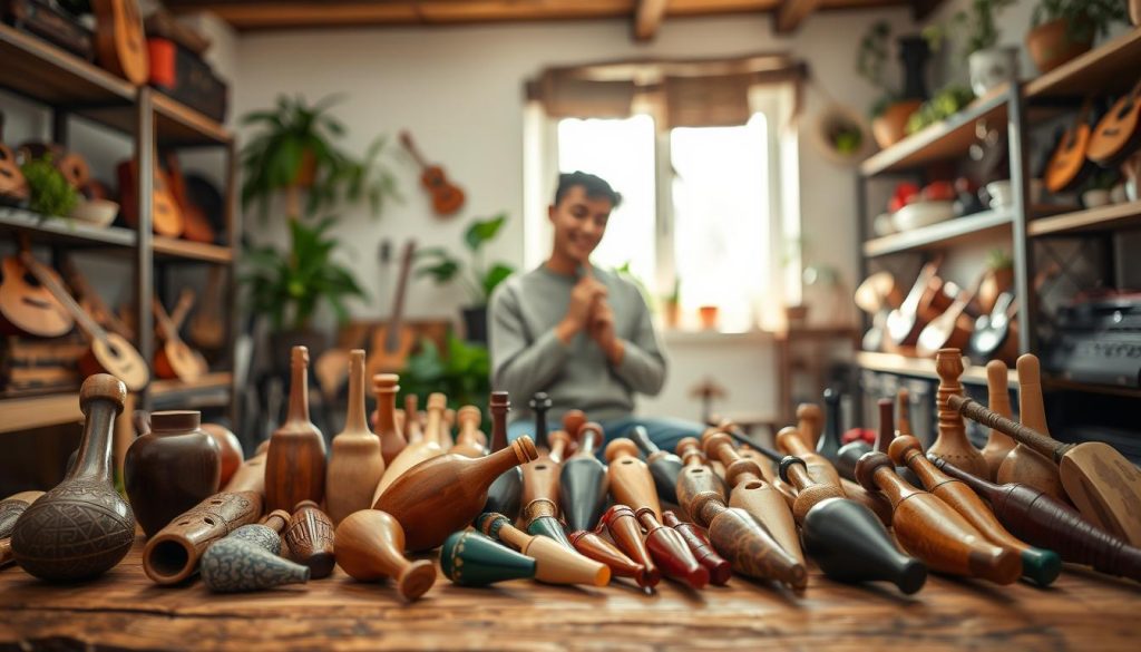A diverse collection of ocarinas displayed on a rustic wooden table, showcasing various models including traditional, modern, and intricate designs. In the foreground, focus on detailed close-ups of different ocarinas, highlighting their unique shapes, colors, and surface textures. The middle ground features a musician in modest casual clothing gently playing an ocarina, with a look of concentration and joy on their face. In the background, a softly lit room filled with shelves of musical instruments and plants creates a warm and inviting atmosphere. The lighting is natural, with sunlight filtering through a window, casting gentle shadows and enhancing the vibrancy of the colors. Capture the essence of music and culture, inviting viewers into the world of ocarinas and their uses. A diverse collection of ocarinas displayed on a rustic wooden table, showcasing various models including traditional, modern, and intricate designs. In the foreground, focus on detailed close-ups of different ocarinas, highlighting their unique shapes, colors, and surface textures. The middle ground features a musician in modest casual clothing gently playing an ocarina, with a look of concentration and joy on their face. In the background, a softly lit room filled with shelves of musical instruments and plants creates a warm and inviting atmosphere. The lighting is natural, with sunlight filtering through a window, casting gentle shadows and enhancing the vibrancy of the colors. Capture the essence of music and culture, inviting viewers into the world of ocarinas and their uses.