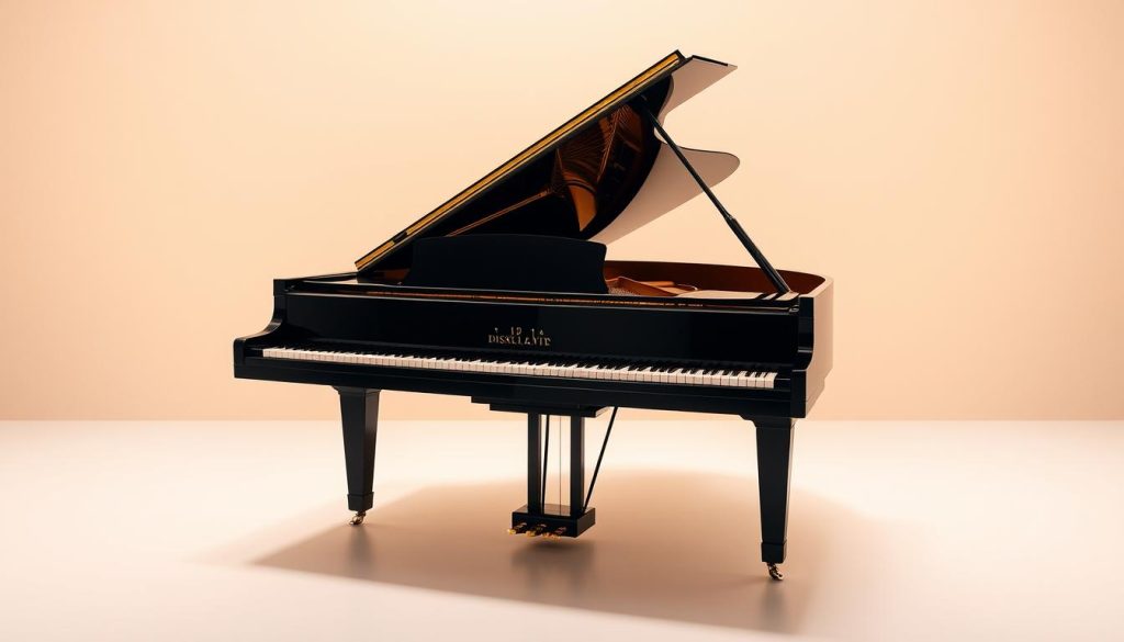 A grand Disklavier piano, its sleek, ebony-lacquered body gleaming under warm, directional lighting. The expressive, responsive keys stand ready to capture the virtuosic performance, while the intricate, mechanical internals lie hidden, poised to faithfully reproduce the musician's every nuance. The piano occupies a minimalist, modern setting, with a crisp, high-contrast backdrop accentuating its elegant, technological form. The overall atmosphere conveys a sense of refined precision and high-fidelity musical reproduction, perfectly suited to illustrate the "Disklavier: la reproduction haute résolution du jeu pianistique" section. A grand Disklavier piano, its sleek, ebony-lacquered body gleaming under warm, directional lighting. The expressive, responsive keys stand ready to capture the virtuosic performance, while the intricate, mechanical internals lie hidden, poised to faithfully reproduce the musician's every nuance. The piano occupies a minimalist, modern setting, with a crisp, high-contrast backdrop accentuating its elegant, technological form. The overall atmosphere conveys a sense of refined precision and high-fidelity musical reproduction, perfectly suited to illustrate the "Disklavier: la reproduction haute résolution du jeu pianistique" section.