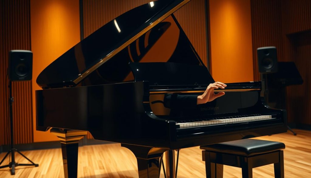 A grand piano standing in a well-lit, acoustically-treated recording studio. The polished ebony exterior gleams under warm studio lighting, while the open lid reveals the intricate inner workings of the 192-note keyboard. The musician's hands dance across the keys, creating a rich, resonant, and layered soundscape that fills the space. The background is blurred, allowing the viewer to focus on the piano and the performance. Subtle shadows and reflections add depth and dimension to the scene, capturing the technical prowess and artistic expression of the musician. A grand piano standing in a well-lit, acoustically-treated recording studio. The polished ebony exterior gleams under warm studio lighting, while the open lid reveals the intricate inner workings of the 192-note keyboard. The musician's hands dance across the keys, creating a rich, resonant, and layered soundscape that fills the space. The background is blurred, allowing the viewer to focus on the piano and the performance. Subtle shadows and reflections add depth and dimension to the scene, capturing the technical prowess and artistic expression of the musician.