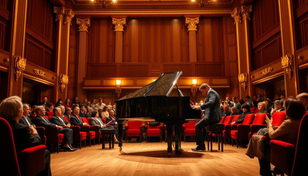 A grand piano stands center stage, its polished ebony frame gleaming under the warm spotlight. The pianist, dressed in a sleek black suit, sits poised, fingers dancing across the ivory keys. The audience, elegantly seated in plush red velvet chairs, leans forward in rapt attention. Soft ambient lighting casts a golden glow, complementing the rich wooden tones of the auditorium. Ornate gold-trimmed pillars frame the scene, lending an air of refined sophistication. The overall atmosphere exudes a sense of premium, immersive musical experience. A grand piano stands center stage, its polished ebony frame gleaming under the warm spotlight. The pianist, dressed in a sleek black suit, sits poised, fingers dancing across the ivory keys. The audience, elegantly seated in plush red velvet chairs, leans forward in rapt attention. Soft ambient lighting casts a golden glow, complementing the rich wooden tones of the auditorium. Ornate gold-trimmed pillars frame the scene, lending an air of refined sophistication. The overall atmosphere exudes a sense of premium, immersive musical experience.