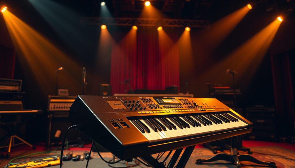 A high-end keyboard rig stands center stage, its polished black finish gleaming under warm theatrical lighting. Sleek controls and a full complement of expressive keys suggest a versatile instrument capable of delivering dynamic performances. The keyboard is flanked by a range of professional audio equipment, hinting at a sophisticated sound system. The scene exudes an air of musical sophistication, conveying the power and expressiveness required for commanding the stage. A high-end keyboard rig stands center stage, its polished black finish gleaming under warm theatrical lighting. Sleek controls and a full complement of expressive keys suggest a versatile instrument capable of delivering dynamic performances. The keyboard is flanked by a range of professional audio equipment, hinting at a sophisticated sound system. The scene exudes an air of musical sophistication, conveying the power and expressiveness required for commanding the stage.