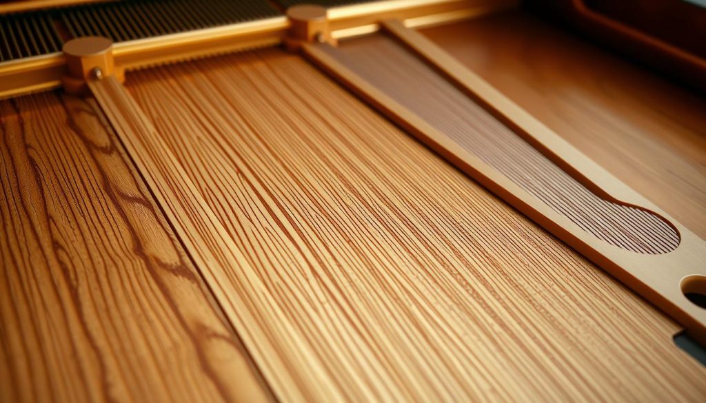 A high-resolution, photorealistic image of a Yamaha TransAcoustic piano, depicting the inner workings and sound projection mechanism. The camera focuses on the soundboard, revealing its intricate wooden construction, with the strings and hammers visible in the background. Soft, warm lighting highlights the natural textures and grains of the wood, creating a sense of depth and materiality. The image conveys the piano's ability to produce a rich, resonant acoustic sound, with the soundboard acting as a "sounding board" to amplify and shape the tones. The overall composition emphasizes the craftsmanship and engineering behind the TransAcoustic technology, showcasing its role in providing a seamless integration of digital and acoustic piano experiences. A high-resolution, photorealistic image of a Yamaha TransAcoustic piano, depicting the inner workings and sound projection mechanism. The camera focuses on the soundboard, revealing its intricate wooden construction, with the strings and hammers visible in the background. Soft, warm lighting highlights the natural textures and grains of the wood, creating a sense of depth and materiality. The image conveys the piano's ability to produce a rich, resonant acoustic sound, with the soundboard acting as a "sounding board" to amplify and shape the tones. The overall composition emphasizes the craftsmanship and engineering behind the TransAcoustic technology, showcasing its role in providing a seamless integration of digital and acoustic piano experiences.