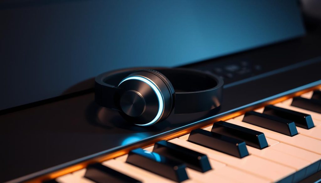 A modern Bluetooth headset with a high-fidelity, binaural audio experience, resting on the glossy surface of a sleek, minimalist digital piano. The headset's earcups are elegantly contoured, emitting a soft, diffused glow that creates a sense of depth and spatial awareness. The piano's keys are subtly illuminated, casting a warm, subtle light that enhances the overall ambiance. The scene is bathed in a gentle, neutral lighting that accentuates the textures and materials, creating a serene, contemplative atmosphere. The composition is balanced, with the headset and piano taking center stage, conveying the harmonious integration of technology and musical performance. A modern Bluetooth headset with a high-fidelity, binaural audio experience, resting on the glossy surface of a sleek, minimalist digital piano. The headset's earcups are elegantly contoured, emitting a soft, diffused glow that creates a sense of depth and spatial awareness. The piano's keys are subtly illuminated, casting a warm, subtle light that enhances the overall ambiance. The scene is bathed in a gentle, neutral lighting that accentuates the textures and materials, creating a serene, contemplative atmosphere. The composition is balanced, with the headset and piano taking center stage, conveying the harmonious integration of technology and musical performance.