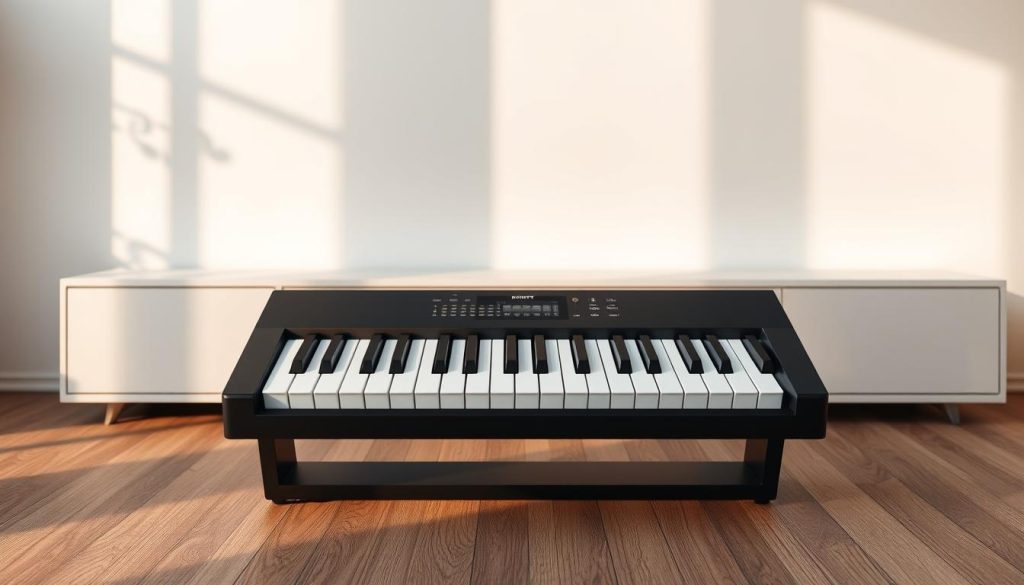 A portable digital piano stands prominently in the center, its sleek and compact design accentuated by a warm, natural lighting that casts subtle shadows. The instrument's keys gleam with a touch of polished elegance, inviting the user to sit and play. In the background, a minimalist, contemporary setting with neutral tones provides a clean, uncluttered backdrop, allowing the piano to take center stage. The overall mood is one of sophistication and functionality, highlighting the portability and versatility of this high-quality musical instrument. A portable digital piano stands prominently in the center, its sleek and compact design accentuated by a warm, natural lighting that casts subtle shadows. The instrument's keys gleam with a touch of polished elegance, inviting the user to sit and play. In the background, a minimalist, contemporary setting with neutral tones provides a clean, uncluttered backdrop, allowing the piano to take center stage. The overall mood is one of sophistication and functionality, highlighting the portability and versatility of this high-quality musical instrument.