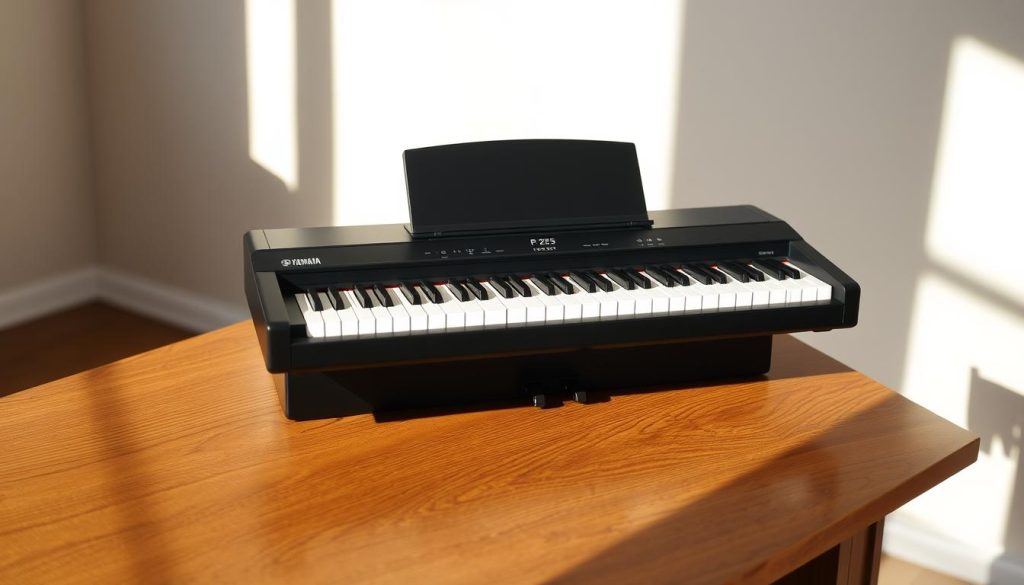 A portable digital piano, the Yamaha P-225, sitting on a wooden table with a clean, minimalist background. The piano has a sleek, black finish and a full-sized keyboard, capturing the essence of a professional-grade concert piano. The lighting is soft and natural, casting subtle shadows that highlight the instrument's elegant lines and contours. The camera angle is slightly elevated, giving a sense of depth and emphasizing the piano's compact yet sophisticated design. The overall atmosphere is one of refined simplicity, showcasing the perfect balance between portability and the realistic sound and feel of a grand piano. A portable digital piano, the Yamaha P-225, sitting on a wooden table with a clean, minimalist background. The piano has a sleek, black finish and a full-sized keyboard, capturing the essence of a professional-grade concert piano. The lighting is soft and natural, casting subtle shadows that highlight the instrument's elegant lines and contours. The camera angle is slightly elevated, giving a sense of depth and emphasizing the piano's compact yet sophisticated design. The overall atmosphere is one of refined simplicity, showcasing the perfect balance between portability and the realistic sound and feel of a grand piano.