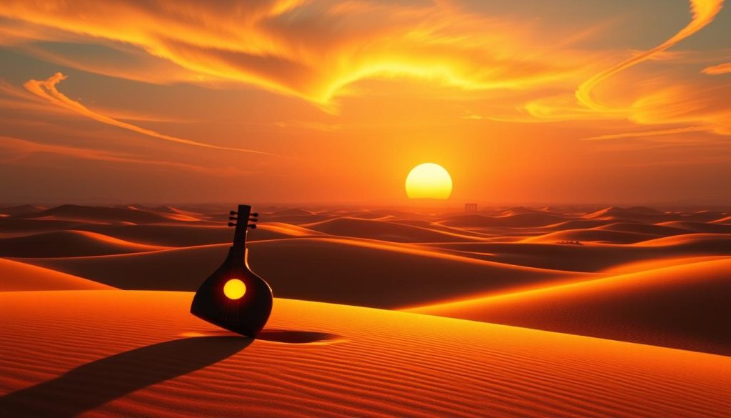 A serene desert landscape inspired by "Ocarina of Time," featuring the silhouette of an ancient ocarina glowing softly in the foreground. Rich sand dunes stretch across the middle ground, gently rolling beneath a vivid sunset, casting warm hues of orange and yellow that contrast with the deep blue sky. Wispy clouds drift lazily, and the distant outline of ancient ruins peeks above the horizon, evoking a sense of mystery and nostalgia. Light refracts through the air, creating shimmering effects on the sand. The overall mood should be tranquil and magical, reminiscent of the enchanting atmosphere present in the game. Capture this scene with a wide-angle lens to enhance depth, ensuring the focus remains sharp on the ocarina while maintaining a soft blur on the background elements. A serene desert landscape inspired by "Ocarina of Time," featuring the silhouette of an ancient ocarina glowing softly in the foreground. Rich sand dunes stretch across the middle ground, gently rolling beneath a vivid sunset, casting warm hues of orange and yellow that contrast with the deep blue sky. Wispy clouds drift lazily, and the distant outline of ancient ruins peeks above the horizon, evoking a sense of mystery and nostalgia. Light refracts through the air, creating shimmering effects on the sand. The overall mood should be tranquil and magical, reminiscent of the enchanting atmosphere present in the game. Capture this scene with a wide-angle lens to enhance depth, ensuring the focus remains sharp on the ocarina while maintaining a soft blur on the background elements.