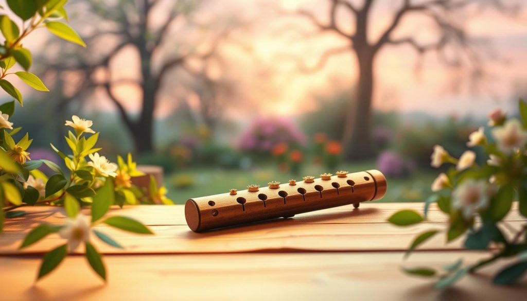A serene, enchanting scene featuring an ocarina placed gently on a wooden table, surrounded by soft green foliage and delicate flowers. In the foreground, the ocarina's intricate details are highlighted by warm, diffused lighting that casts gentle shadows. In the middle ground, a soft-focus glimpse of a tranquil garden with colorful blossoms and blooming trees evokes a sense of peace. The background fades into a dreamy twilight sky, blending soft pastels of pink and lavender, suggesting the soothing nature of the "Lullaby of Zelda." The atmosphere is calm and inviting, with a magical quality that reflects the essence of the melody, prompting a sense of nostalgia and exploration of musical sounds. A serene, enchanting scene featuring an ocarina placed gently on a wooden table, surrounded by soft green foliage and delicate flowers. In the foreground, the ocarina's intricate details are highlighted by warm, diffused lighting that casts gentle shadows. In the middle ground, a soft-focus glimpse of a tranquil garden with colorful blossoms and blooming trees evokes a sense of peace. The background fades into a dreamy twilight sky, blending soft pastels of pink and lavender, suggesting the soothing nature of the "Lullaby of Zelda." The atmosphere is calm and inviting, with a magical quality that reflects the essence of the melody, prompting a sense of nostalgia and exploration of musical sounds.