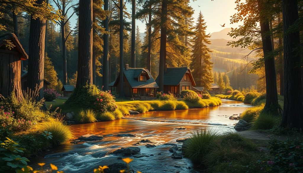 A serene forest scene merges with a quaint village, showcasing the harmonious blend of nature and human creativity. In the foreground, a gentle brook flows, reflecting dappled sunlight, with lush greenery and colorful flowers framing the scene. Midway, a small cluster of rustic cottages with thatched roofs nestles among towering trees, their windows glowing warmly as if alive with music. Birds flutter about, adding movement and life. In the background, rolling hills and a clear blue sky stretch far and wide, invoking a sense of peacefulness and tranquility. The atmosphere is dreamy and inviting, illuminated by soft, golden hour light. Capture this scene with a slightly elevated angle to encompass both the detailed village and the majestic forest, emphasizing the connection between melodies and the serene environment. A serene forest scene merges with a quaint village, showcasing the harmonious blend of nature and human creativity. In the foreground, a gentle brook flows, reflecting dappled sunlight, with lush greenery and colorful flowers framing the scene. Midway, a small cluster of rustic cottages with thatched roofs nestles among towering trees, their windows glowing warmly as if alive with music. Birds flutter about, adding movement and life. In the background, rolling hills and a clear blue sky stretch far and wide, invoking a sense of peacefulness and tranquility. The atmosphere is dreamy and inviting, illuminated by soft, golden hour light. Capture this scene with a slightly elevated angle to encompass both the detailed village and the majestic forest, emphasizing the connection between melodies and the serene environment.