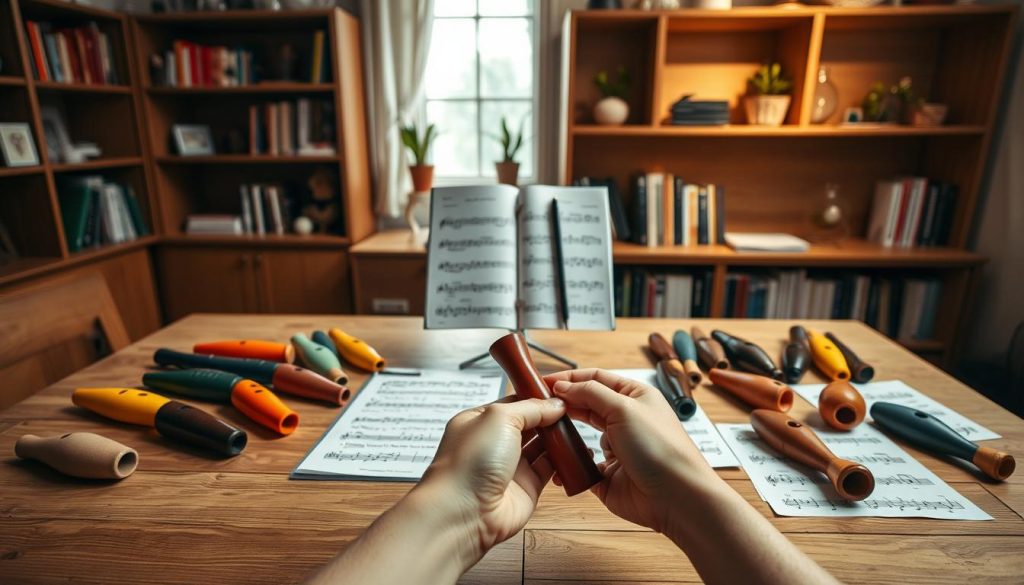 A serene indoor setting showcasing a wooden table with an assortment of ocarinas in various shapes and colors, alongside sheet music. In the foreground, a pair of hands is gently holding an ocarina, demonstrating a beginner’s grip. In the middle ground, a well-organized music stand displays clear notes, with a soft light illuminating the scene from a nearby window. In the background, shelves are adorned with music books and small decorative plants, creating a harmonious atmosphere. The lighting is warm and inviting, capturing the essence of learning and exploration. The overall mood is focused yet inspirational, reflecting the journey of choosing and learning to play the ocarina. A serene indoor setting showcasing a wooden table with an assortment of ocarinas in various shapes and colors, alongside sheet music. In the foreground, a pair of hands is gently holding an ocarina, demonstrating a beginner’s grip. In the middle ground, a well-organized music stand displays clear notes, with a soft light illuminating the scene from a nearby window. In the background, shelves are adorned with music books and small decorative plants, creating a harmonious atmosphere. The lighting is warm and inviting, capturing the essence of learning and exploration. The overall mood is focused yet inspirational, reflecting the journey of choosing and learning to play the ocarina.
