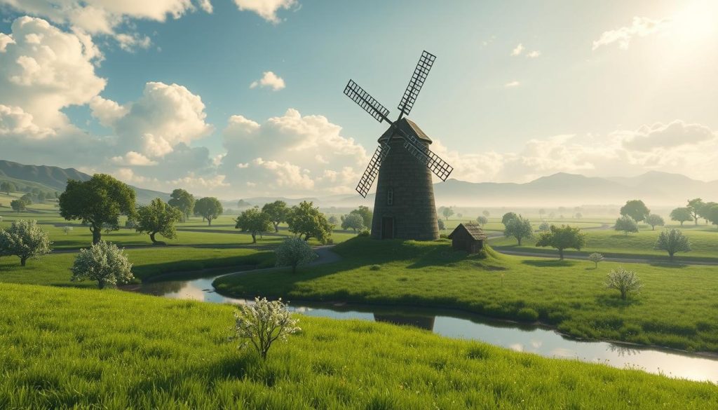A serene scene at the windmill in Kakariko Village, capturing the essence of the "Song of Storms." In the foreground, a majestic windmill with wooden sails turns gracefully, surrounded by lush green fields. Midground elements include a gently flowing river reflecting the sky and small clusters of flowering trees swaying in a soft breeze. The background features distant mountains under a slightly cloudy sky, hinting at an approaching storm. The scene is illuminated by soft, diffused sunlight filtering through the clouds, creating a harmonious and mystical atmosphere. Use a wide-angle lens to capture the expansive landscape, emphasizing the tranquility and beauty of this iconic location from a slightly elevated perspective. The overall mood should evoke a sense of nostalgia and adventure. A serene scene at the windmill in Kakariko Village, capturing the essence of the "Song of Storms." In the foreground, a majestic windmill with wooden sails turns gracefully, surrounded by lush green fields. Midground elements include a gently flowing river reflecting the sky and small clusters of flowering trees swaying in a soft breeze. The background features distant mountains under a slightly cloudy sky, hinting at an approaching storm. The scene is illuminated by soft, diffused sunlight filtering through the clouds, creating a harmonious and mystical atmosphere. Use a wide-angle lens to capture the expansive landscape, emphasizing the tranquility and beauty of this iconic location from a slightly elevated perspective. The overall mood should evoke a sense of nostalgia and adventure.