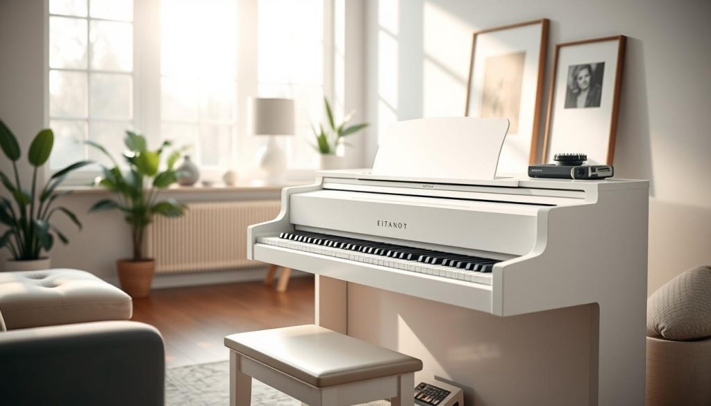 A serene white digital piano stands in a well-lit, minimalist living room. Soft natural light filters through large windows, casting a warm glow on the polished ebony keys. The piano is surrounded by a balance of modern and classic decor elements, creating a harmonious, mid-range ambiance that invites thoughtful practice and gentle musical exploration. The scene conveys a sense of refined simplicity, encouraging a relaxed, focused progression in piano skills.