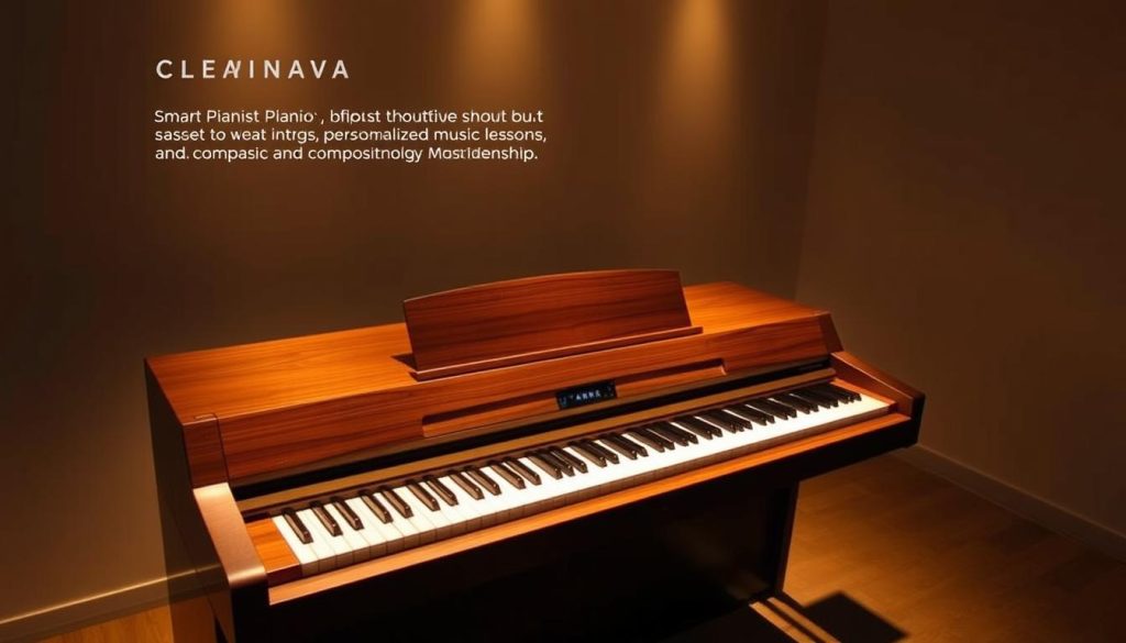 A sleek, modern Yamaha Clavinova CSP digital piano takes center stage, its elegant wood-grain exterior and illuminated keys bathed in warm, ambient lighting. The keyboard is the focal point, surrounded by a minimalist, uncluttered environment that conveys a sense of focus and learning. The Clavinova's intuitive Smart Pianist interface is visible, guiding the user through personalized music lessons and composition tools. The overall mood is one of seamless, technology-assisted musicianship, inviting the viewer to explore the piano's advanced features and capabilities. A sleek, modern Yamaha Clavinova CSP digital piano takes center stage, its elegant wood-grain exterior and illuminated keys bathed in warm, ambient lighting. The keyboard is the focal point, surrounded by a minimalist, uncluttered environment that conveys a sense of focus and learning. The Clavinova's intuitive Smart Pianist interface is visible, guiding the user through personalized music lessons and composition tools. The overall mood is one of seamless, technology-assisted musicianship, inviting the viewer to explore the piano's advanced features and capabilities.