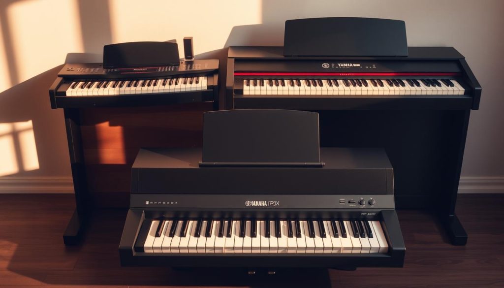 A sleek, modern arrangement of three digital piano alternatives for music production on a personal computer. In the foreground, a Yamaha FP-30X digital piano sits prominently, its minimalist design and weighted keys creating an inviting workspace. Beside it, a Casio CDP-S110 and a Yamaha YDP-145 Arius series piano offer additional options, their distinct shapes and control layouts suggesting varied functionality. The scene is bathed in warm, natural lighting, casting subtle shadows and highlighting the instruments' premium finishes. The overall atmosphere conveys a sense of professional music creation, with the pianos positioned as versatile, high-quality tools for the discerning composer. A sleek, modern arrangement of three digital piano alternatives for music production on a personal computer. In the foreground, a Yamaha FP-30X digital piano sits prominently, its minimalist design and weighted keys creating an inviting workspace. Beside it, a Casio CDP-S110 and a Yamaha YDP-145 Arius series piano offer additional options, their distinct shapes and control layouts suggesting varied functionality. The scene is bathed in warm, natural lighting, casting subtle shadows and highlighting the instruments' premium finishes. The overall atmosphere conveys a sense of professional music creation, with the pianos positioned as versatile, high-quality tools for the discerning composer.