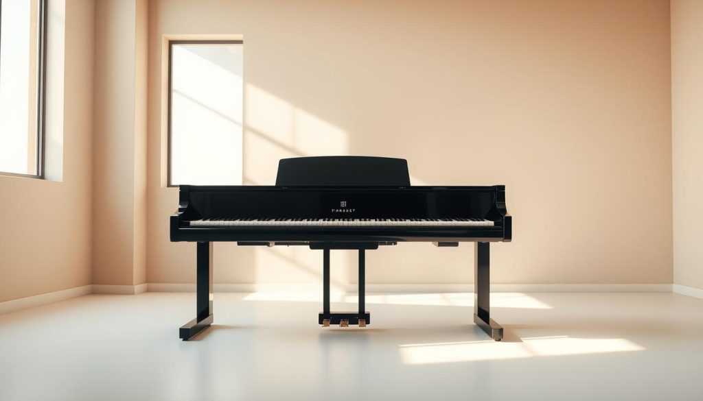A sleek, modern digital piano in a minimalist studio setting. The piano is centered in the frame, its glossy black finish catching the soft, diffused lighting from large windows. The background is a neutral, warm-toned wall, creating a sense of depth and focus on the instrument. The piano keys are visible, suggesting the potential for music-making. The overall mood is one of sophisticated simplicity, hinting at the high-quality, premium nature of the piano. Careful camera angles and lens choice emphasize the piano's elegant proportions and clean lines. A sleek, modern digital piano in a minimalist studio setting. The piano is centered in the frame, its glossy black finish catching the soft, diffused lighting from large windows. The background is a neutral, warm-toned wall, creating a sense of depth and focus on the instrument. The piano keys are visible, suggesting the potential for music-making. The overall mood is one of sophisticated simplicity, hinting at the high-quality, premium nature of the piano. Careful camera angles and lens choice emphasize the piano's elegant proportions and clean lines.