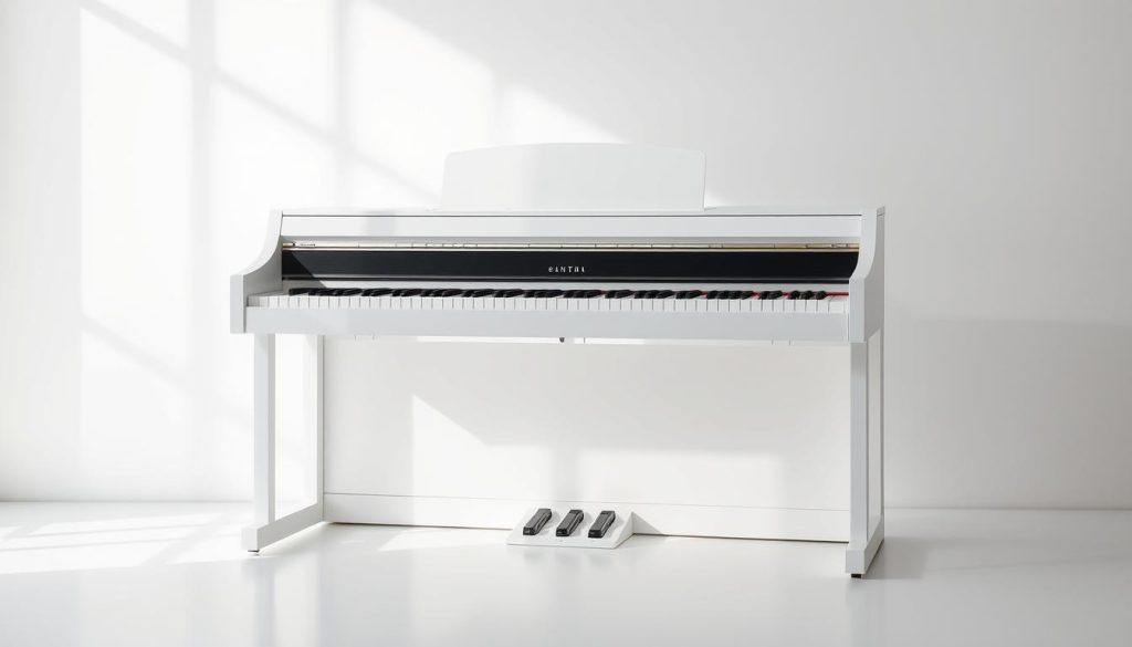 A sleek, modern white digital piano set against a minimalist, light-filled backdrop. The instrument takes center stage, its clean lines and elegant design exuding a sense of sophistication and value. Soft, diffused lighting from the side highlights the piano's glossy surface, creating subtle shadows and depth. The composition emphasizes the piano's approachable nature, inviting the viewer to imagine themselves sitting at the keys, effortlessly creating beautiful music. The overall scene conveys a harmonious balance of form and function, suggesting a high-quality digital piano that offers an exceptional playing experience at a reasonable price point.