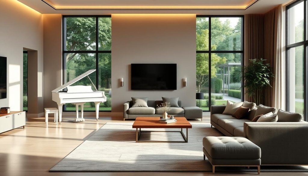 A spacious and elegant living room with a sleek and minimalist white grand piano taking center stage. The piano is positioned against a neutral-toned wall, with warm indirect lighting creating a cozy ambiance. Surrounding the piano are meticulously curated modern furniture pieces, including a plush gray sofa, a wooden coffee table, and a pair of matching armchairs. Large windows offer a panoramic view of a lush garden outside, bathing the room in natural light. The overall atmosphere exudes sophistication and refinement, making this the perfect setting for an unobtrusive, high-end piano that seamlessly integrates into the luxurious yet minimalist decor.