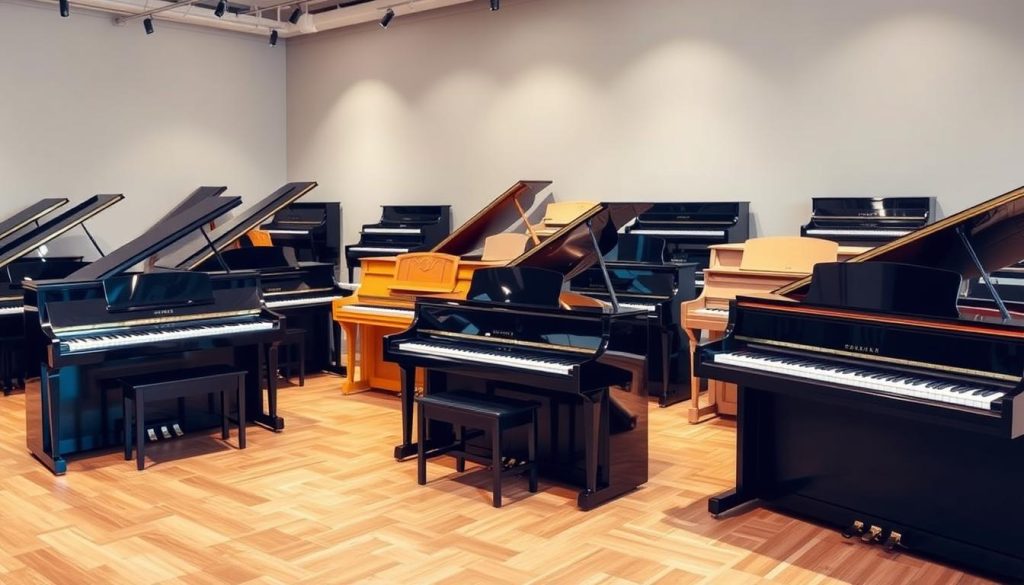 A well-lit, high-resolution photograph of various piano models displayed in a showroom setting. The models are arranged neatly on a polished hardwood floor, with a neutral-toned background that emphasizes the pianos' sleek, modern designs. Soft, directional lighting casts subtle shadows, highlighting the instruments' contours and finishes, which range from glossy black to natural wood tones. The image conveys a sense of quality, value, and the wide selection available to prospective buyers, reflecting the "Budget, accessoires et rapport qualité/prix selon votre niveau" section of the article. A well-lit, high-resolution photograph of various piano models displayed in a showroom setting. The models are arranged neatly on a polished hardwood floor, with a neutral-toned background that emphasizes the pianos' sleek, modern designs. Soft, directional lighting casts subtle shadows, highlighting the instruments' contours and finishes, which range from glossy black to natural wood tones. The image conveys a sense of quality, value, and the wide selection available to prospective buyers, reflecting the "Budget, accessoires et rapport qualité/prix selon votre niveau" section of the article.