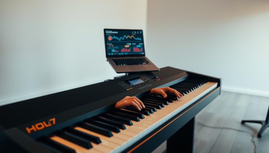 A well-lit piano in a spacious, modern studio setting. A sleek, black digital piano takes center stage, its keys glistening under warm, directional lighting. In the foreground, a pair of hands expertly navigating the keyboard, their movements captured in sharp detail. In the middle ground, an open laptop displaying performance metrics and analysis, suggesting an in-depth review process. The background features a minimalist, neutral-toned backdrop, allowing the piano and the hands to be the focal points. The overall atmosphere conveys a sense of professionalism and technical scrutiny, as if conducting a thorough, independent assessment of the instrument. A well-lit piano in a spacious, modern studio setting. A sleek, black digital piano takes center stage, its keys glistening under warm, directional lighting. In the foreground, a pair of hands expertly navigating the keyboard, their movements captured in sharp detail. In the middle ground, an open laptop displaying performance metrics and analysis, suggesting an in-depth review process. The background features a minimalist, neutral-toned backdrop, allowing the piano and the hands to be the focal points. The overall atmosphere conveys a sense of professionalism and technical scrutiny, as if conducting a thorough, independent assessment of the instrument.